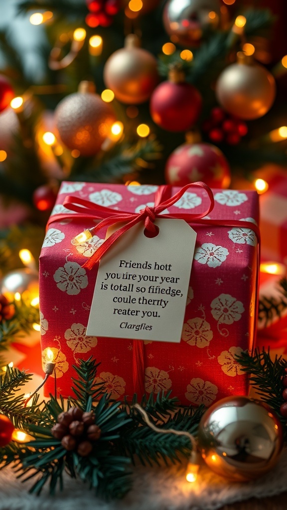 A Christmas gift with a friendship quote tag, surrounded by festive decorations.